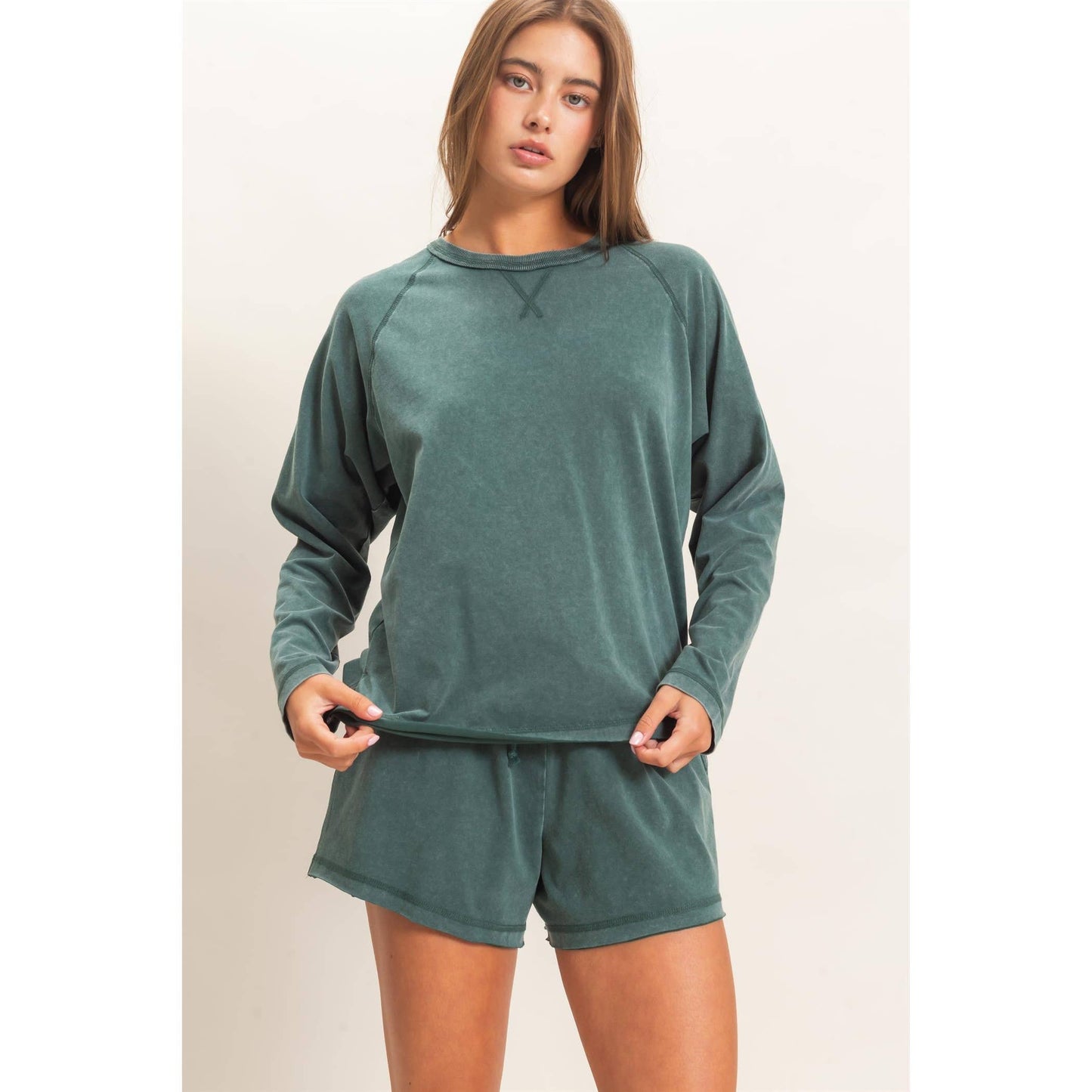 Mineral Wash Long Sleeve Raw Edge Top & Shorts Set: BLACK