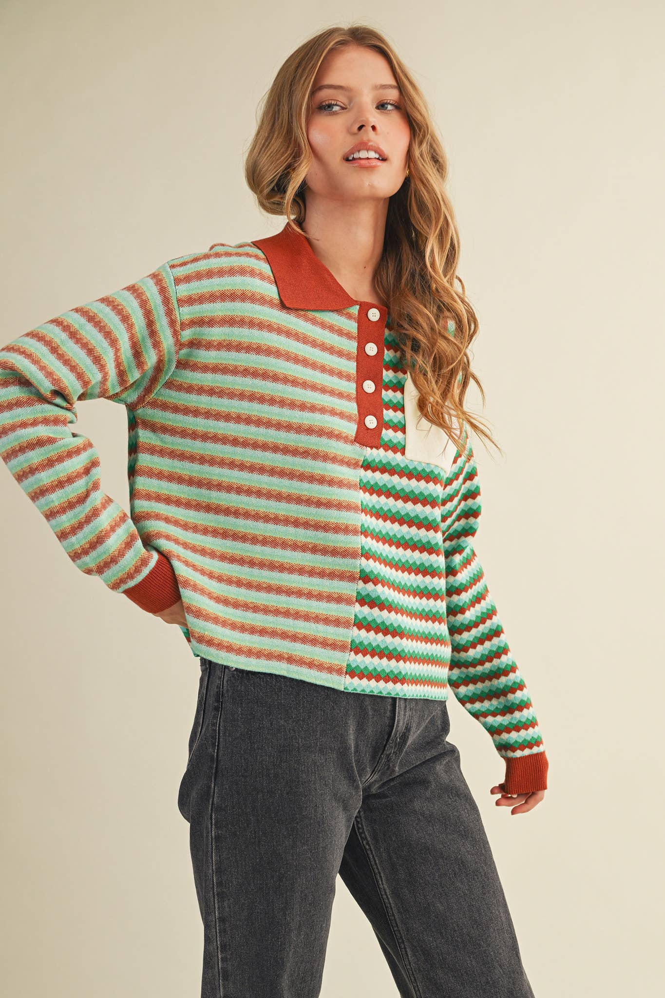 MULTI-COLOR STRIPED KNIT SWEATER: TEAL COPPER