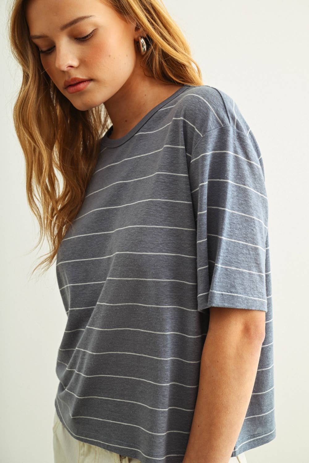 STRIPE COTTON LINEN TOP: BLUE/WHITE