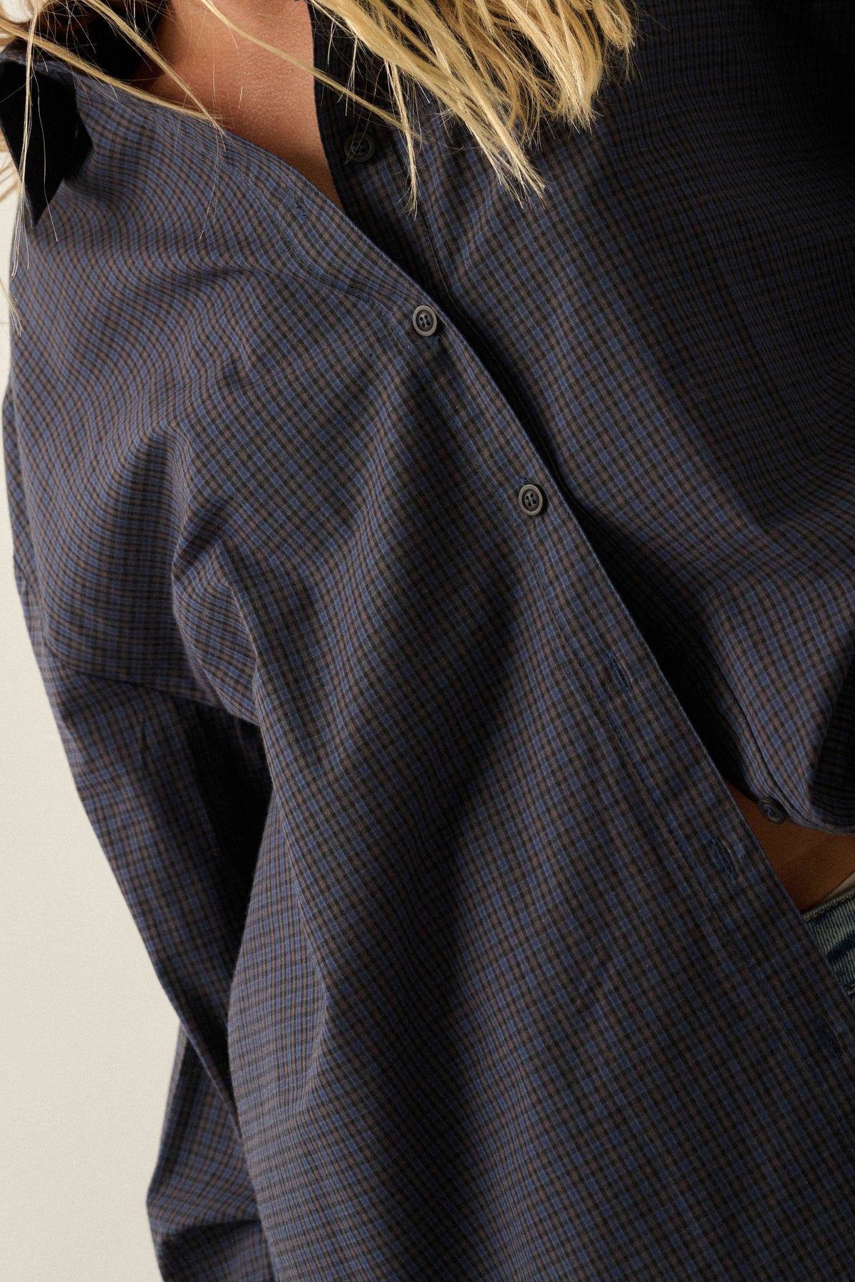 Plaid Button-Front Collared Long-Sleeve Oversize Shirt: Retro Blue
