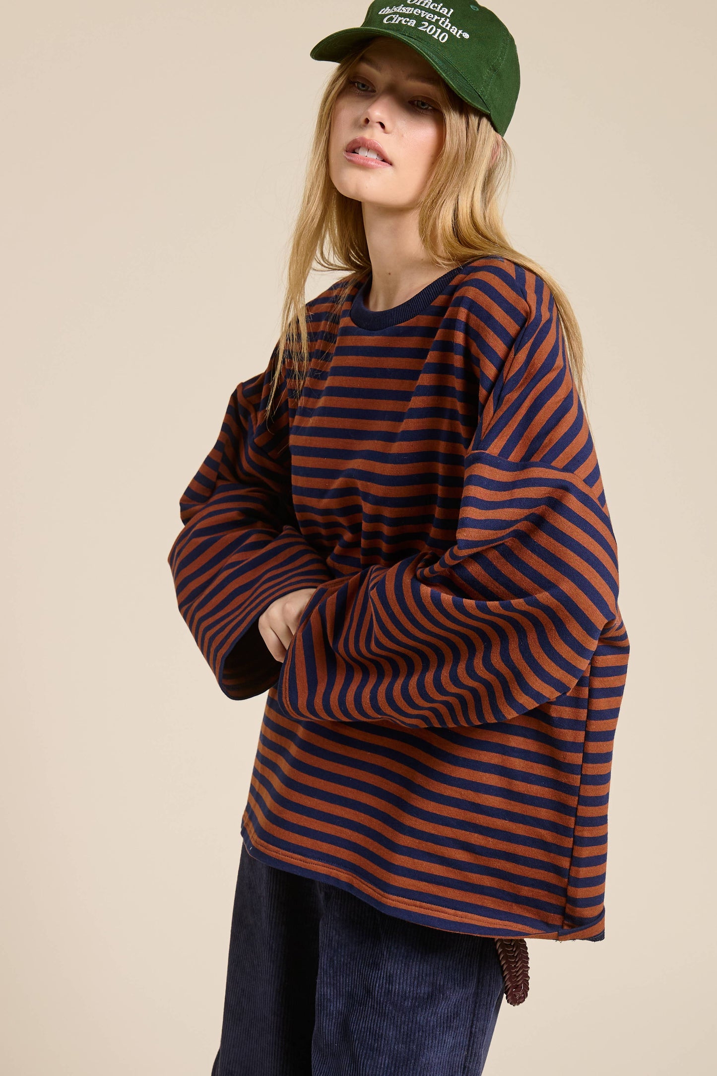 Striped Terry Oversized Long Sleeve Top: Brown