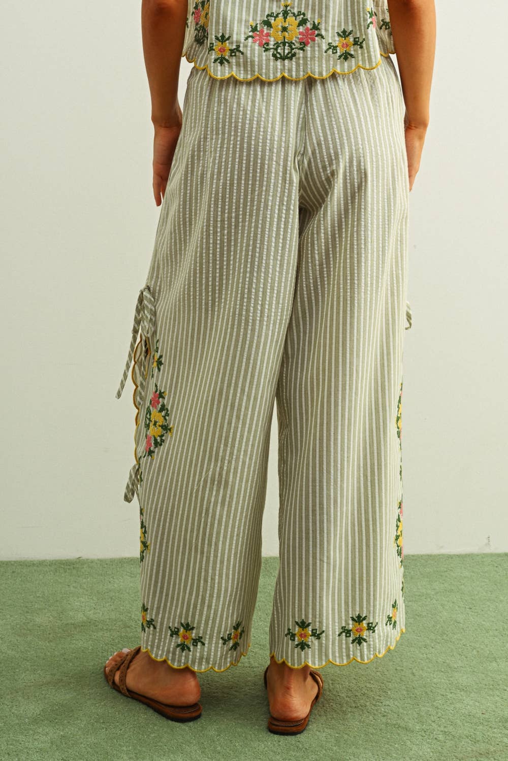 FLORAL EMBROIDERY WITH STRIPED PANTS