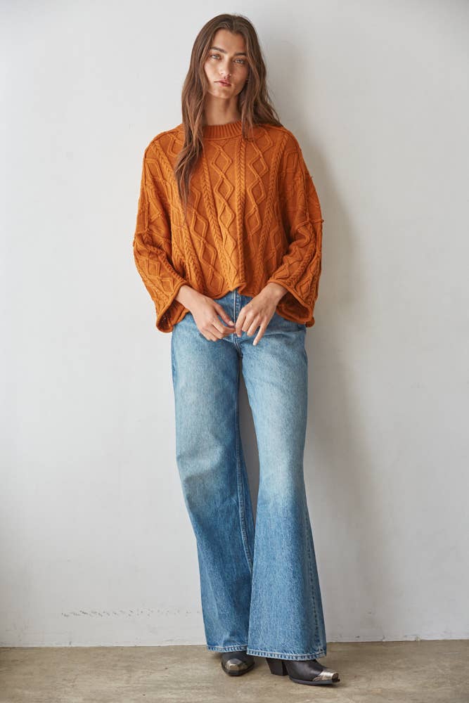 Knit Cable Sweater 3/4 Sleeve Pullover: Ginger