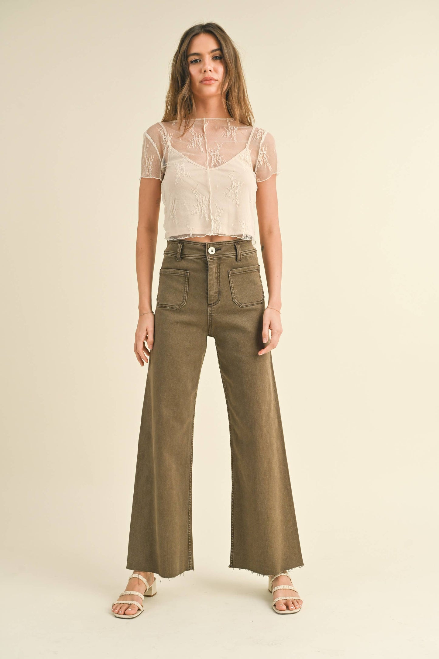 STRAIGHT WIDE LEG PANTS WITH FRONT POCKET: Washed Brown