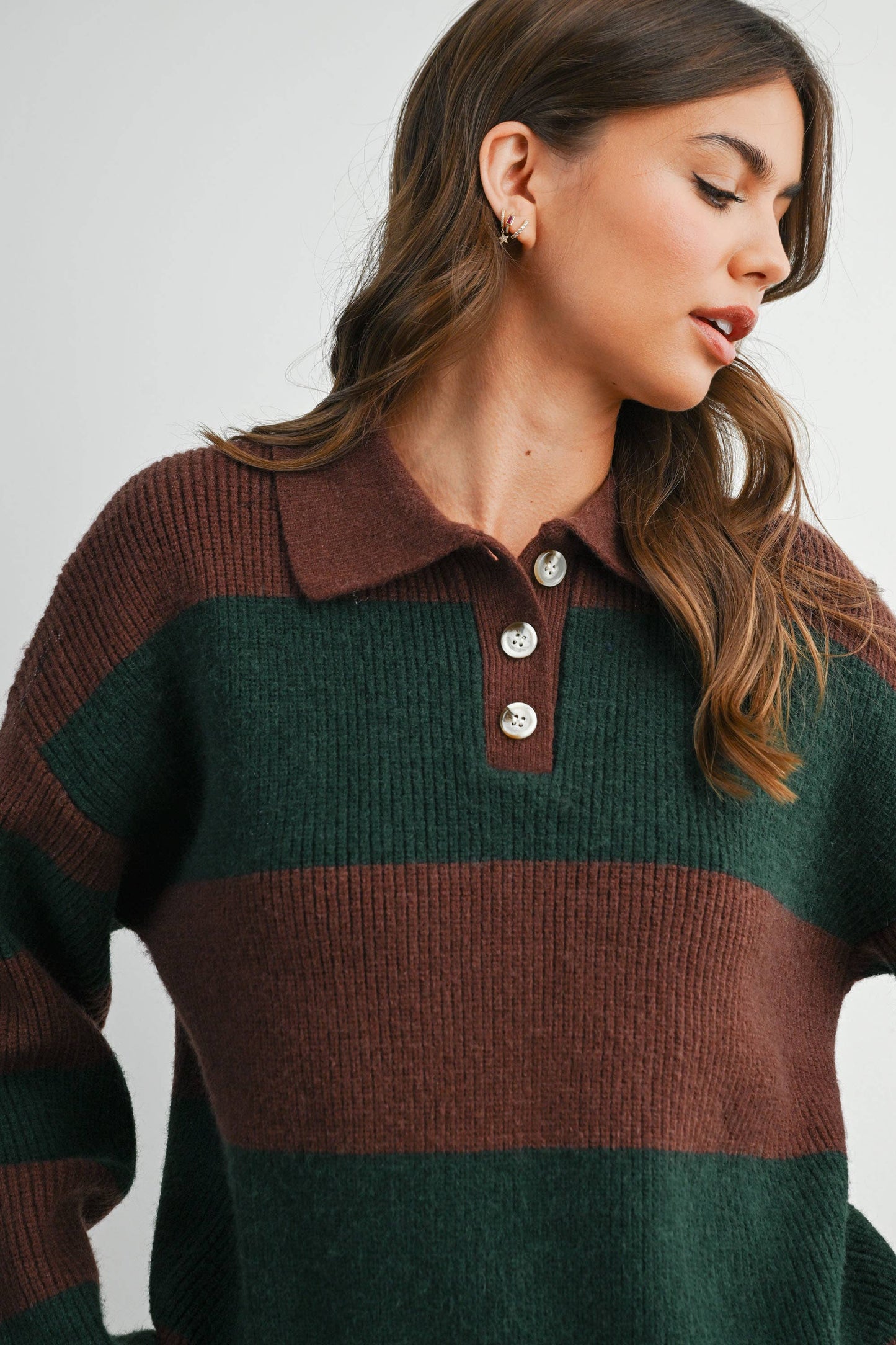 Striped Color Block Collared Sweater: BROWN / OLIVE