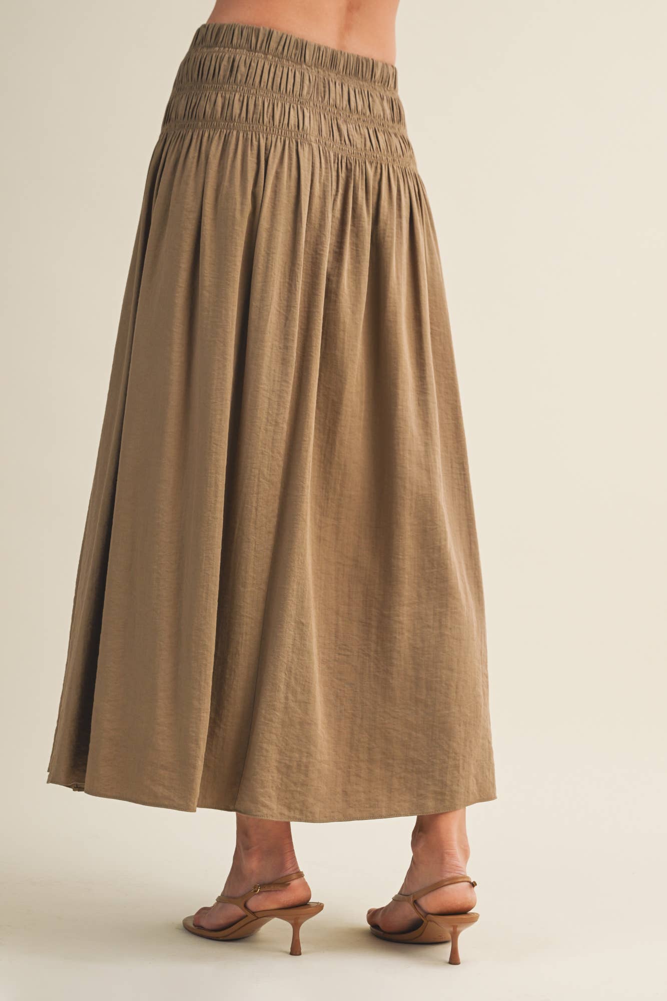 Smocked Waistband A-Line Maxi Skirt and bubble top set: MOCHA