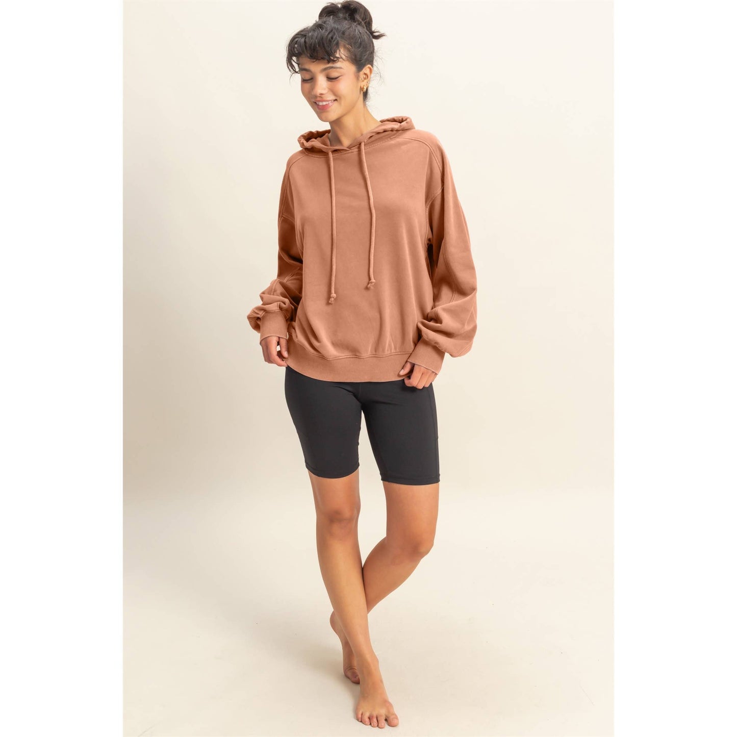 Mineral Washed Seam Detail Hoodie: DARK BROWN