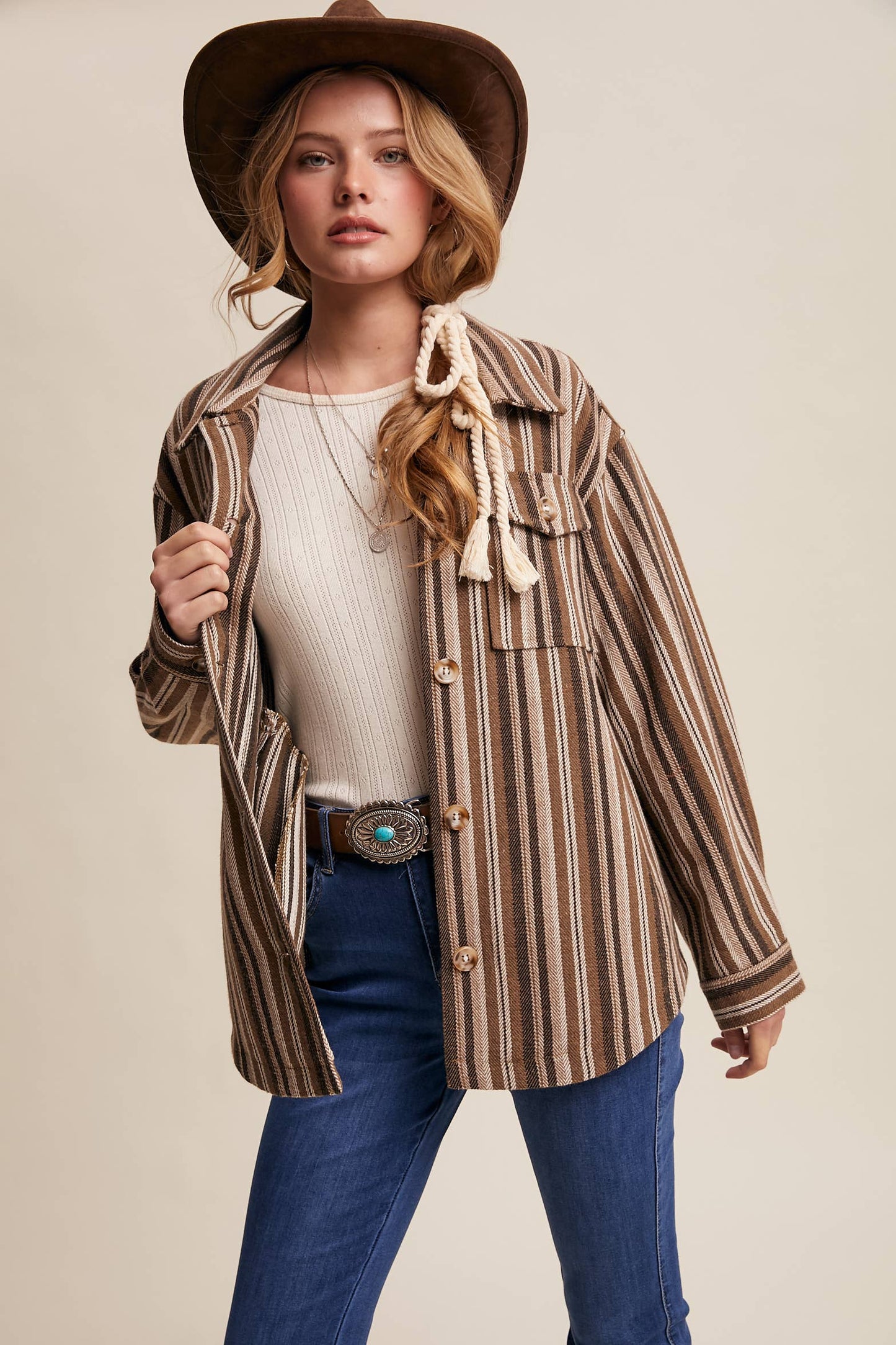 Western Stripe Button-Up Jacket: Mocha