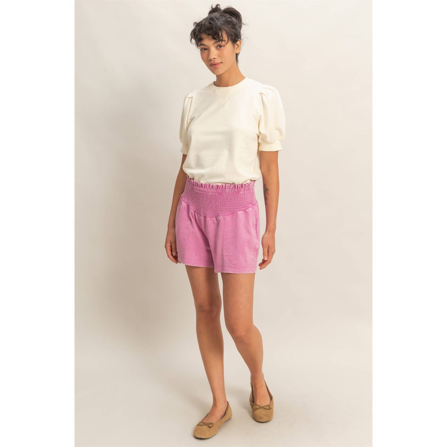 Smocked Waist Mineral Wash Shorts: FUCHSIA