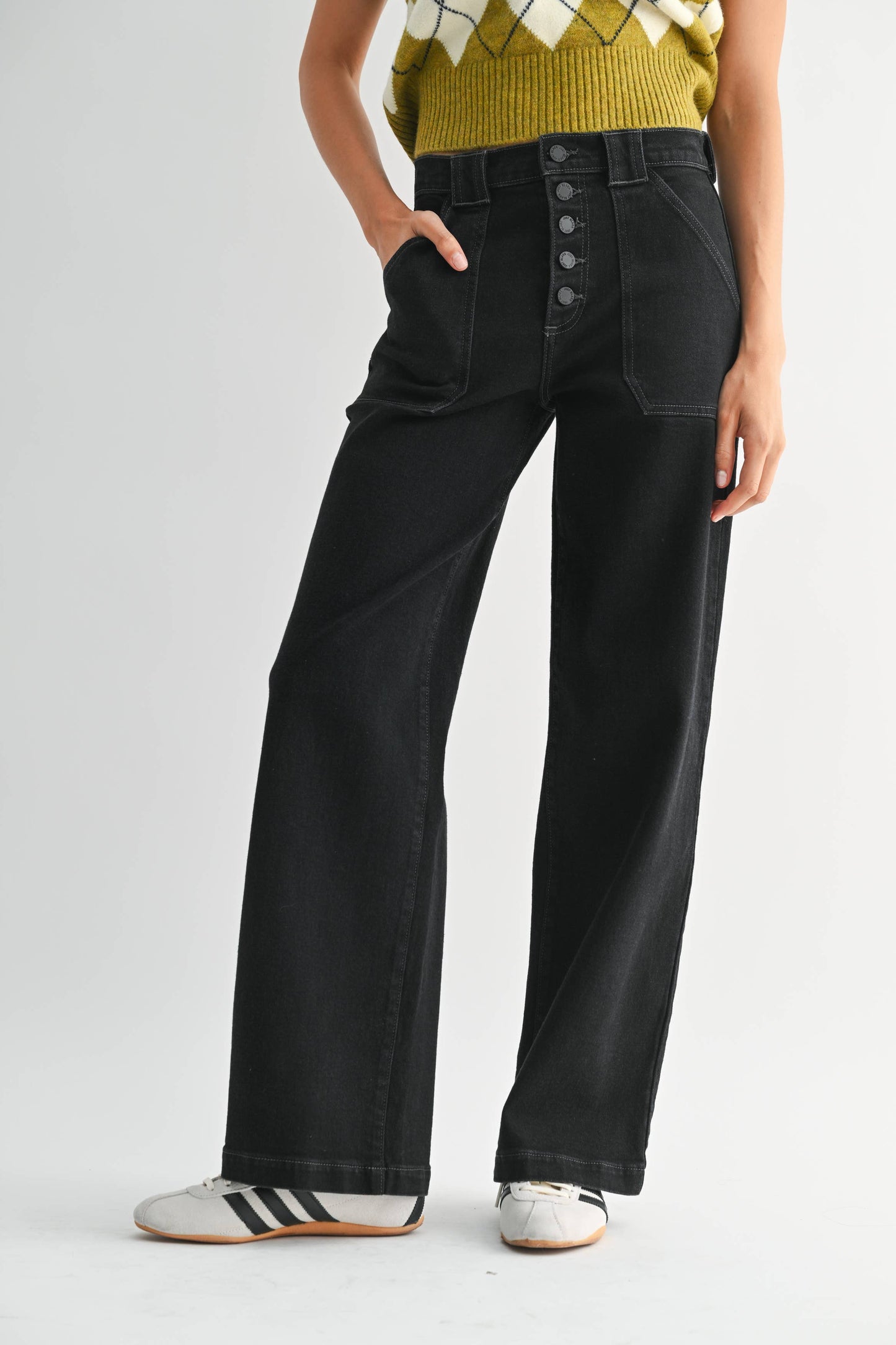 Button Down Slim Wide Leg: Black