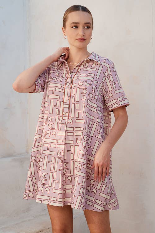 ABSTRACT PATTERN MINI SHIRT DRESS: Mauve