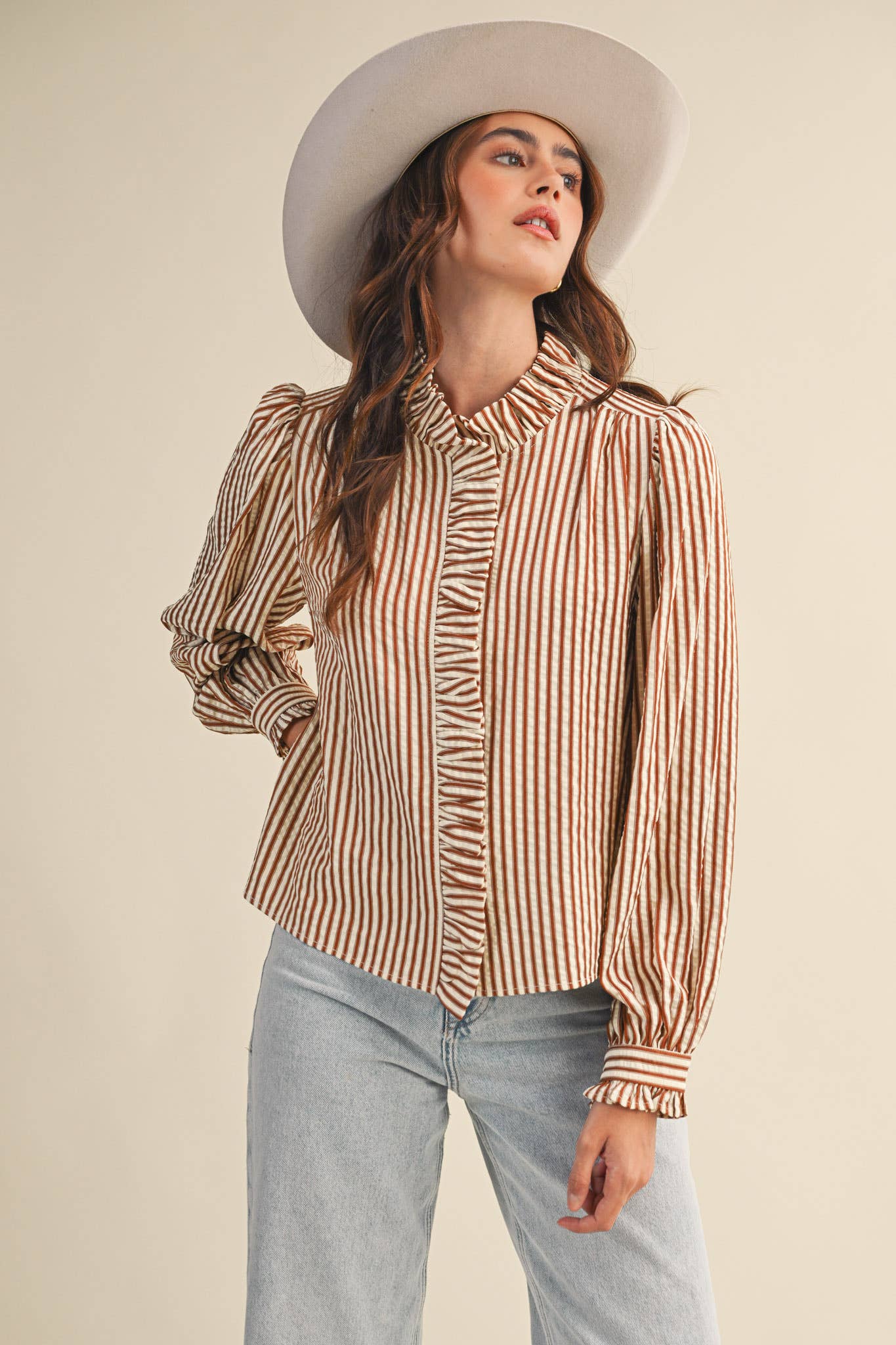 STRIPED RUFFLED BUTTON DOWN- brown