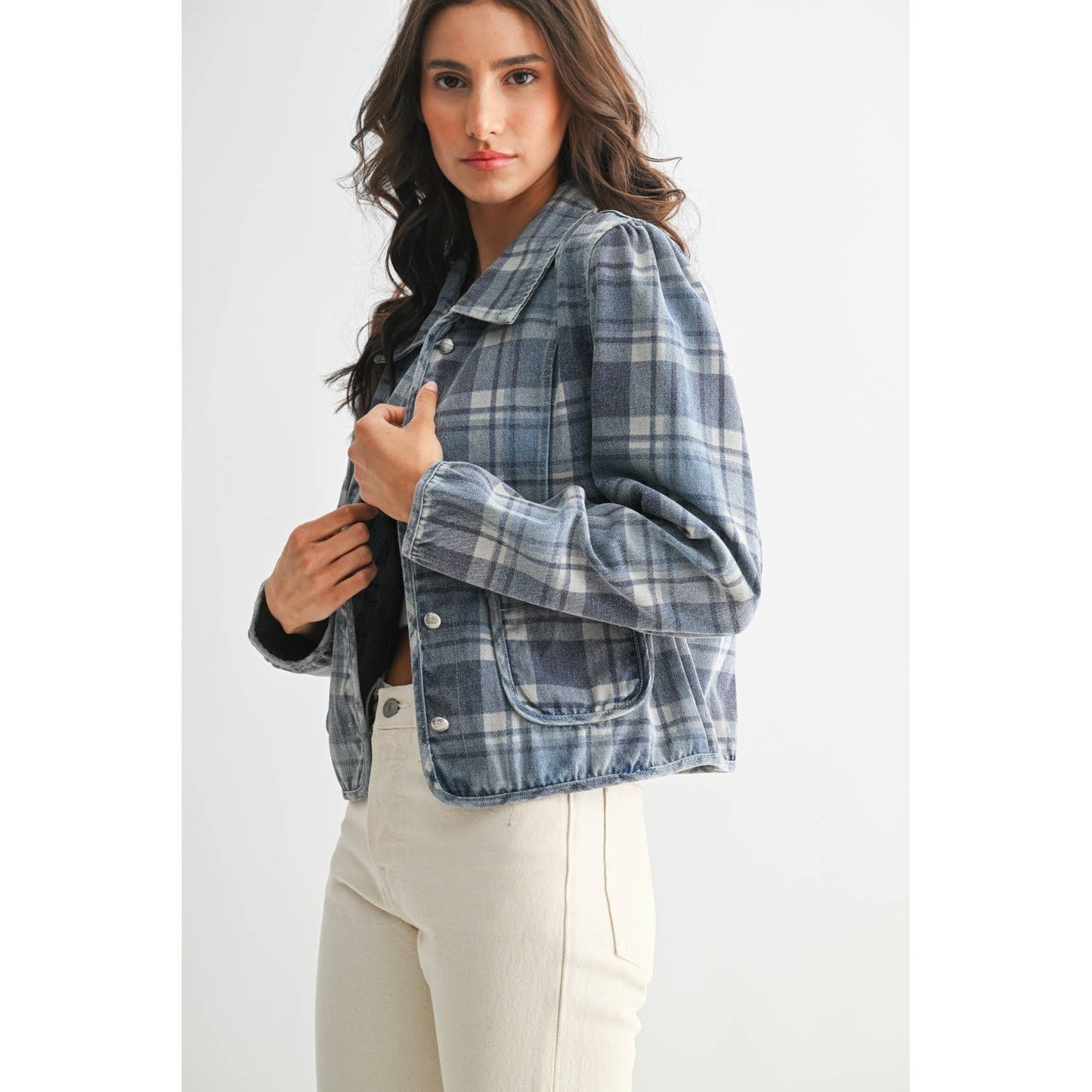 PLAID DENIM JACKET: MEDIUM DENIM WASH PLAID / S-M-L(3-2-1)
