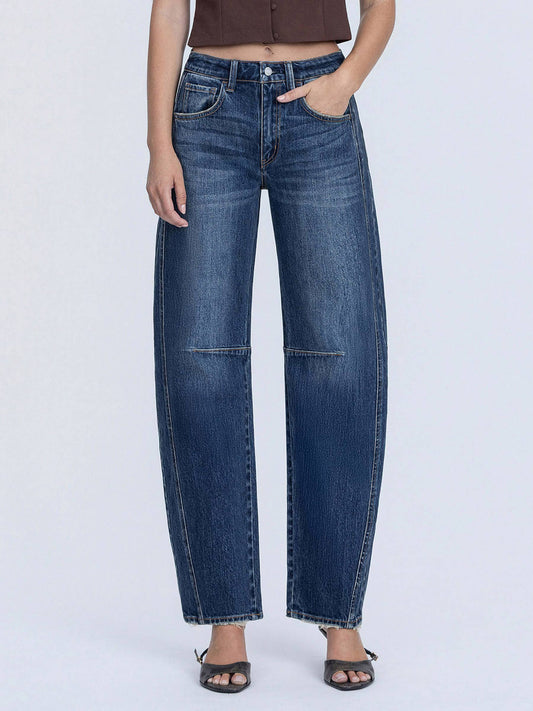 HIGH RISE DARK WASH FULL LENGTH BARREL JEANS