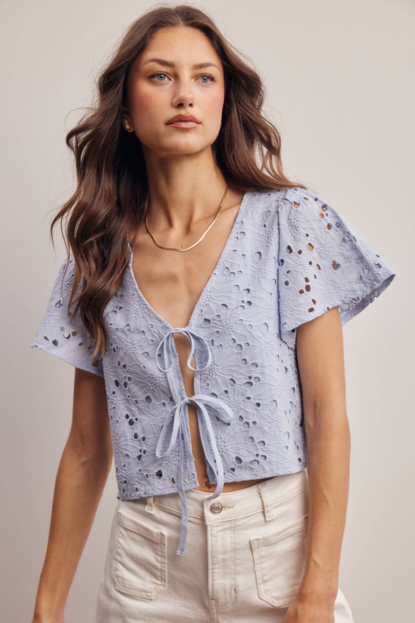 Eyelet Tie-Front Lined Cotton Top: Ivory