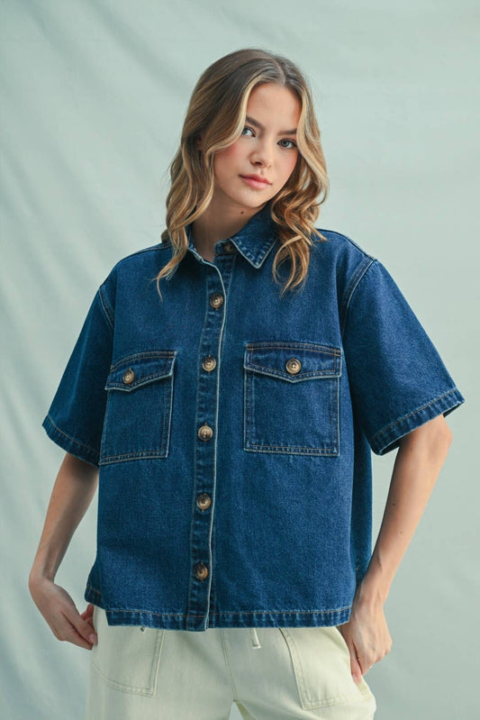BUTTON-UP DENIM SHIRT: D.DENIM / S