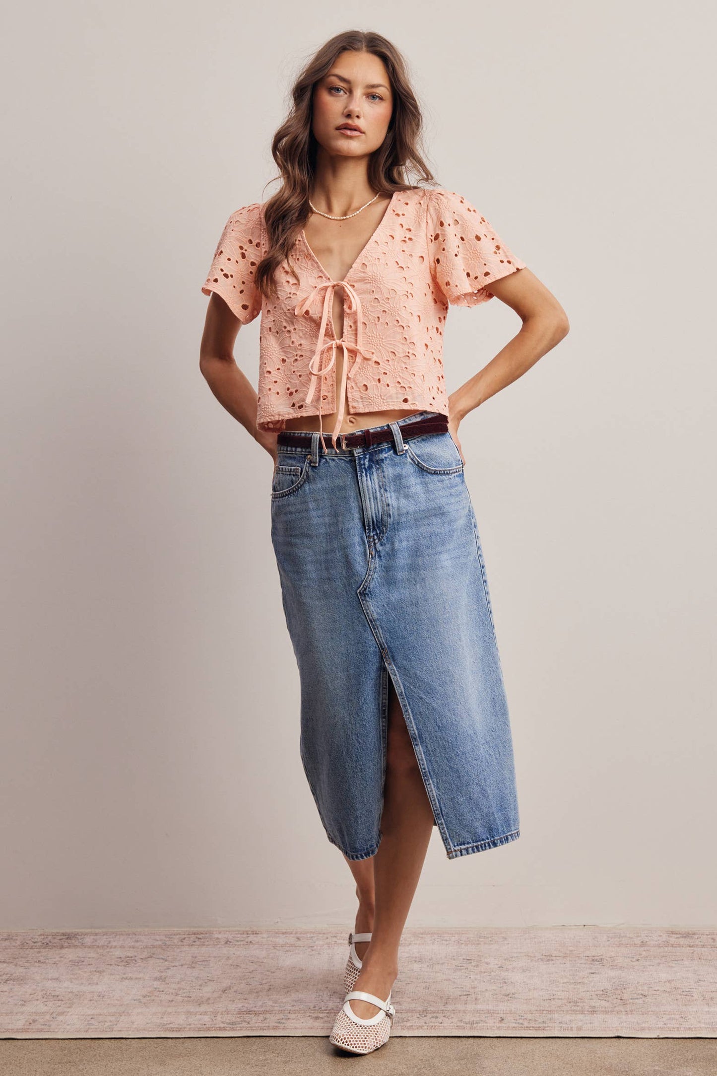 Eyelet Tie-Front Lined Cotton Top: Ivory