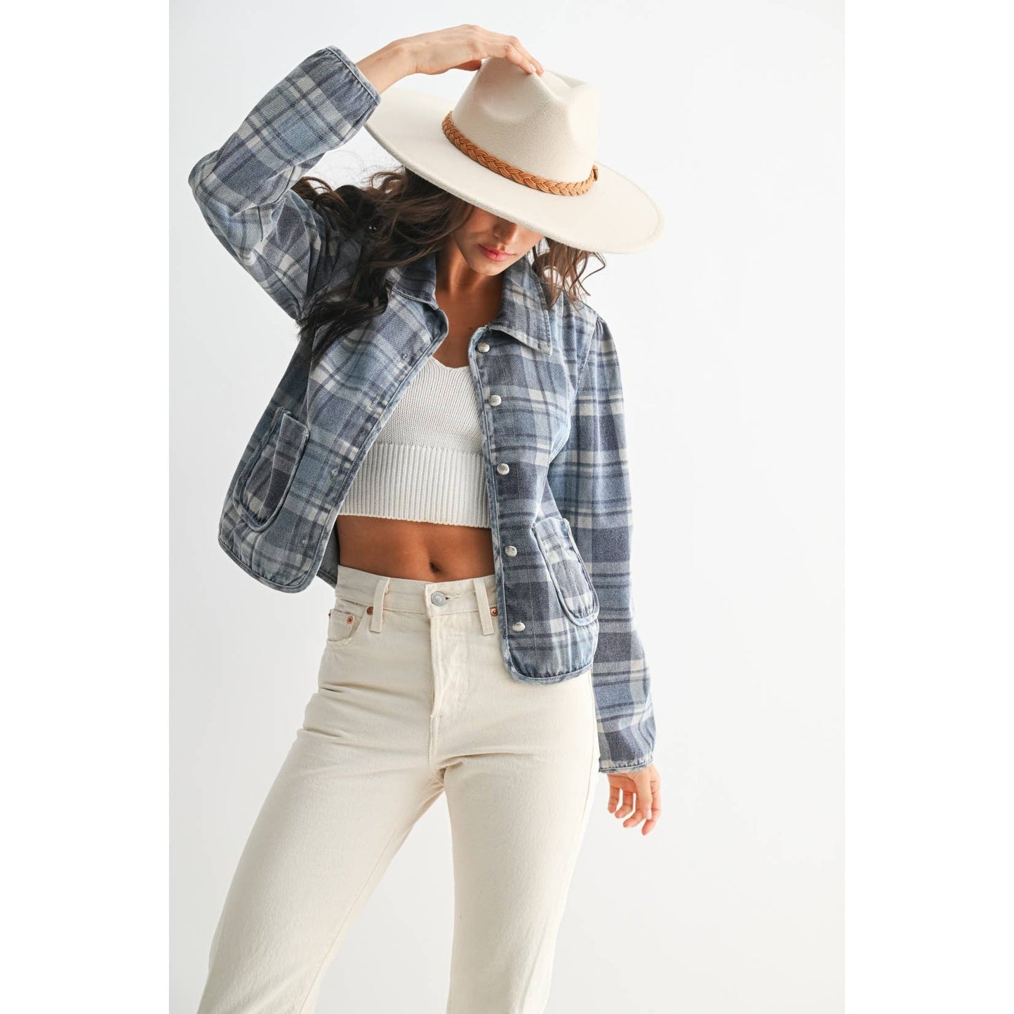 PLAID DENIM JACKET: MEDIUM DENIM WASH PLAID / S-M-L(3-2-1)