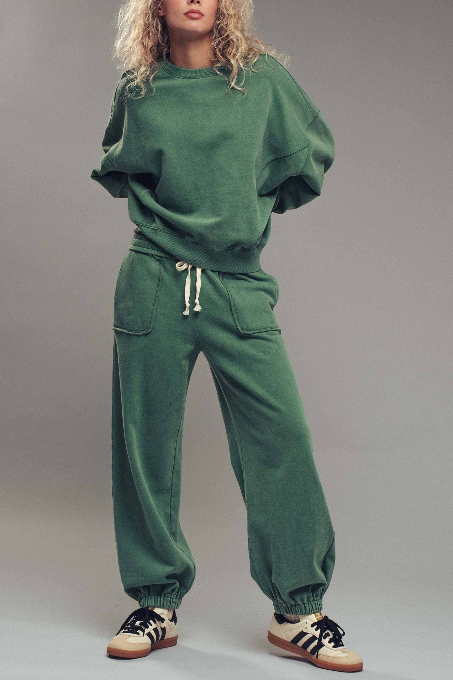 Wide Leg Cotton Blend Jogger Sweatpants: EMERALD GREEN