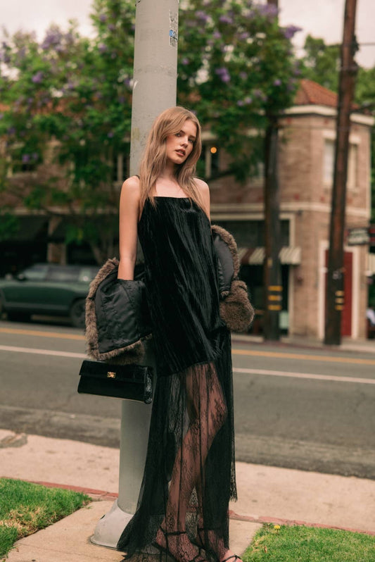 TEXTURED VELVET AND LACE COMBO MAXI DRESS: BLACK