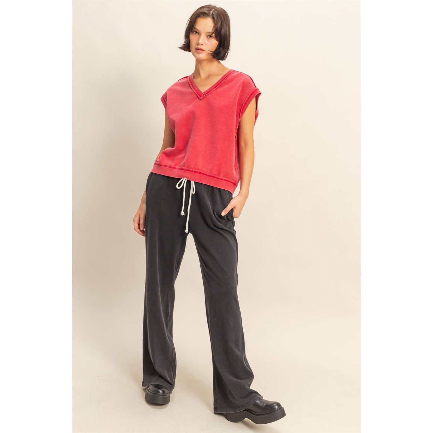 Mineral Washed Drawstring Waist Relaxed Pants: BLACK