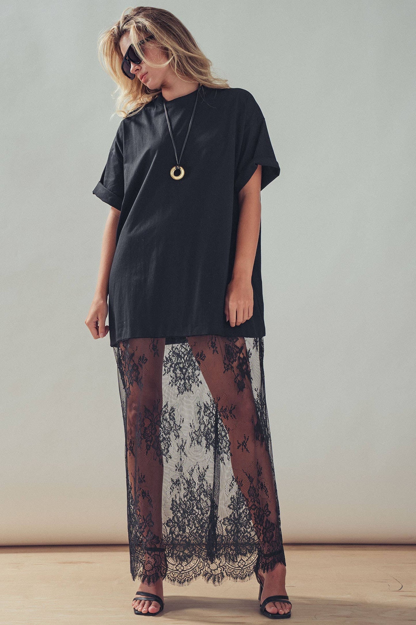 Mixed-Media T-Shirt Dress with Sheer Lace Skirt: Black