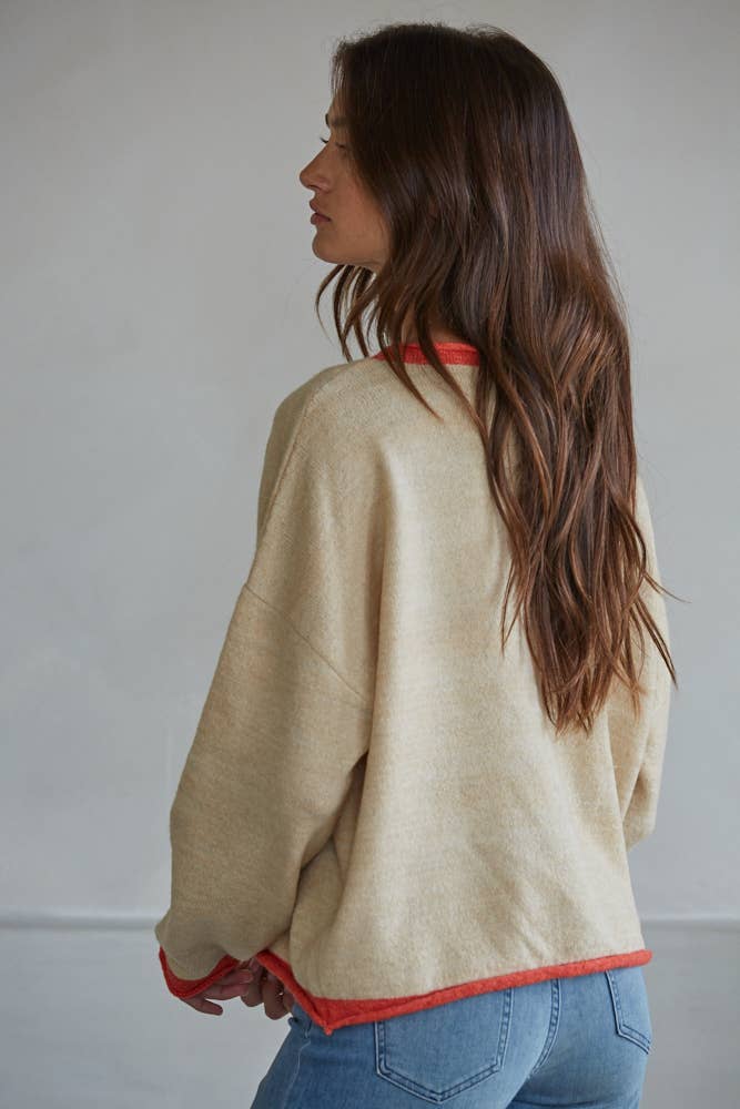 Trim Crew Neck Cardigan : Light Taupe