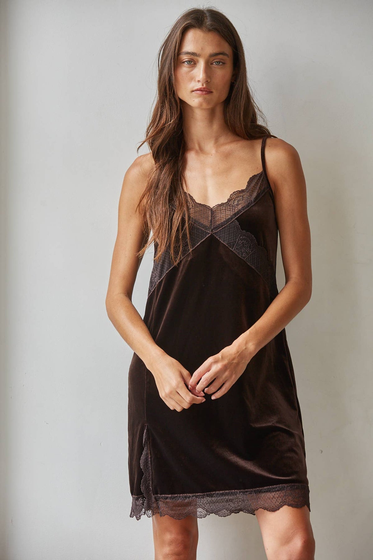 Woven V Neck Mini Dress with Lace Trim: Brown