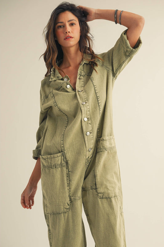 Washed Vintage Relaxed Button Jumpsuit: OLIVE GARDEN