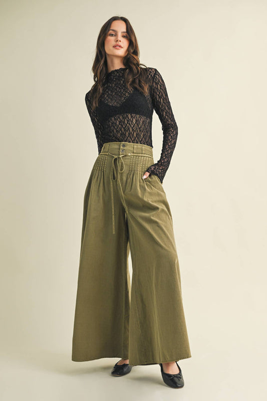 PINTUCK WIDE LEG PATNS: OLIVE