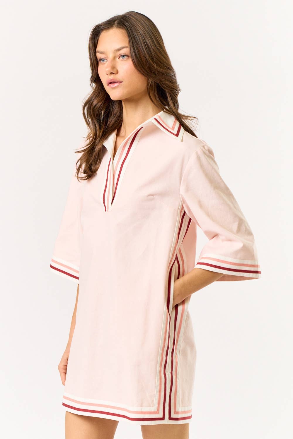 Striped Collared Oversize Mini Dress With Pockets: LT PINK