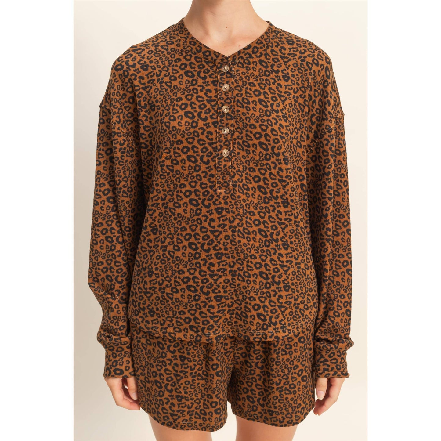 Leopard Print Henley Top & Shorts Set: BROWN