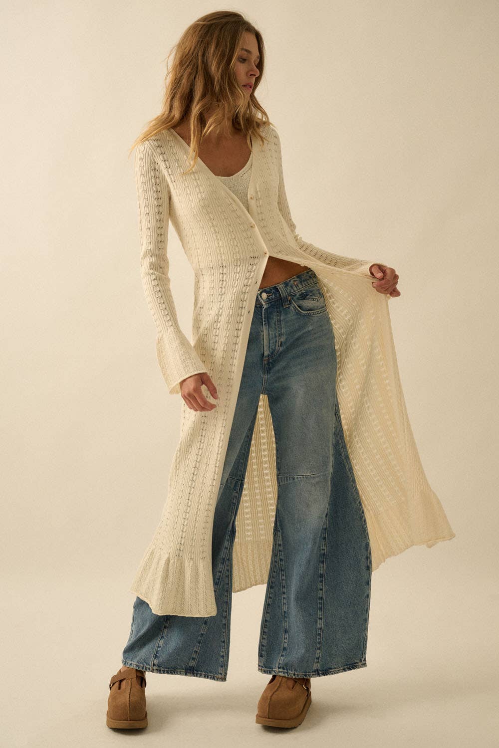 Pointelle Rib-Knit Trumpet-Sleeve Duster Cardigan: Cream