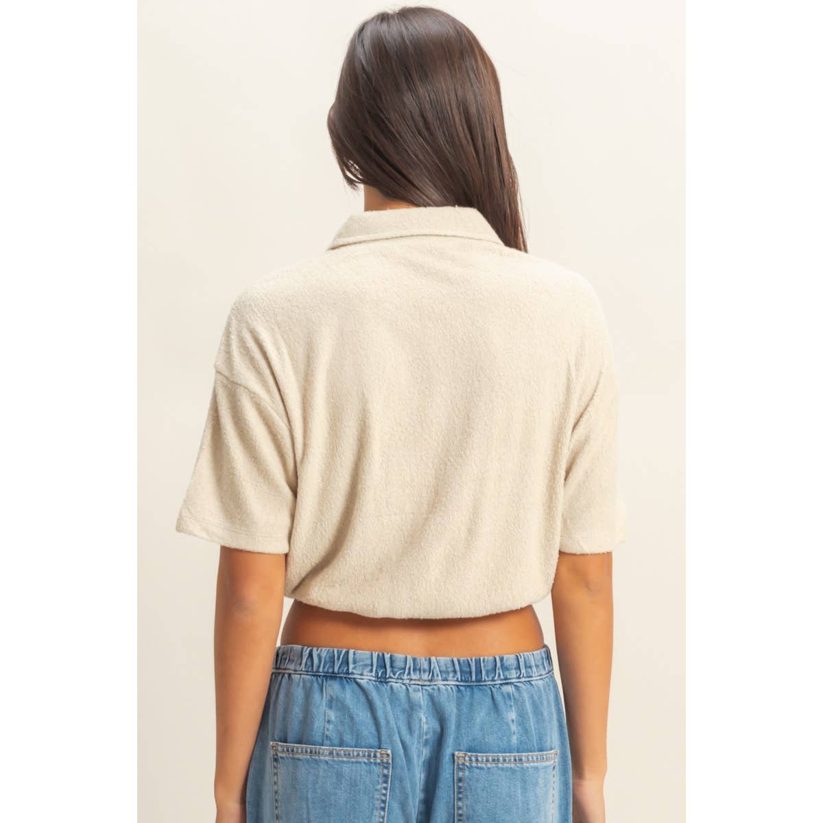 Collared Short Sleeve Crop Top: FRENCH VANILLA