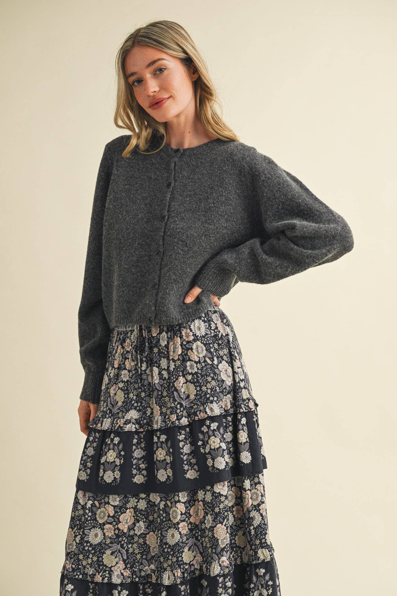 HEAVY PUFF SLEEVE SWEATER CARDIGAN: CHARCOAL