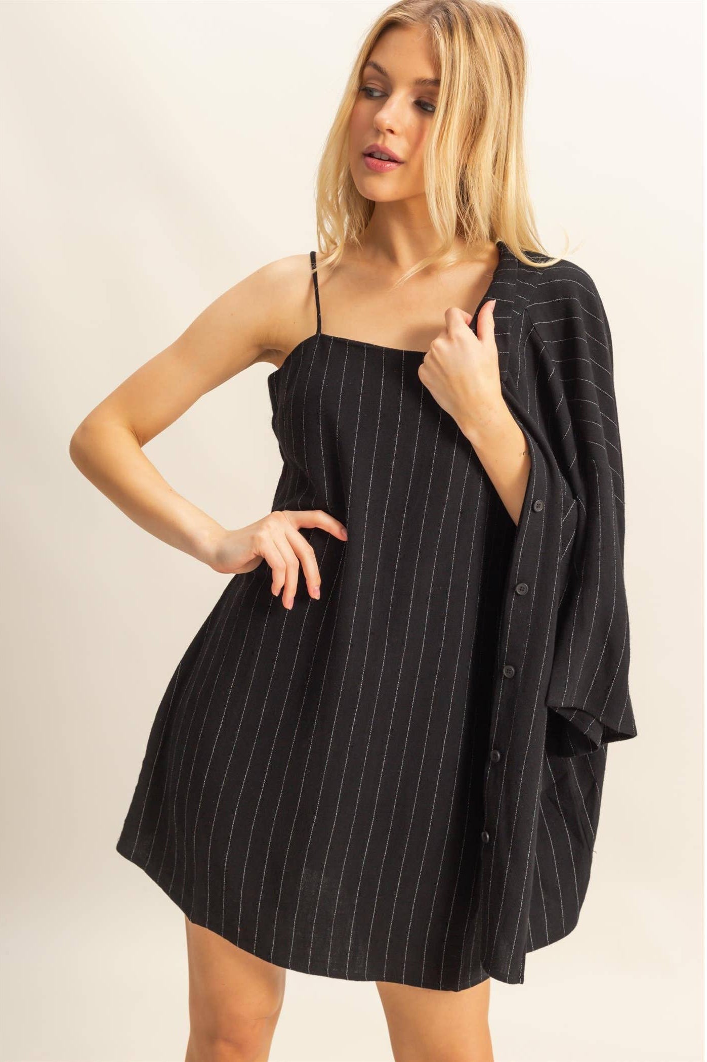 Pin Stripe Button Up Top: BLACK