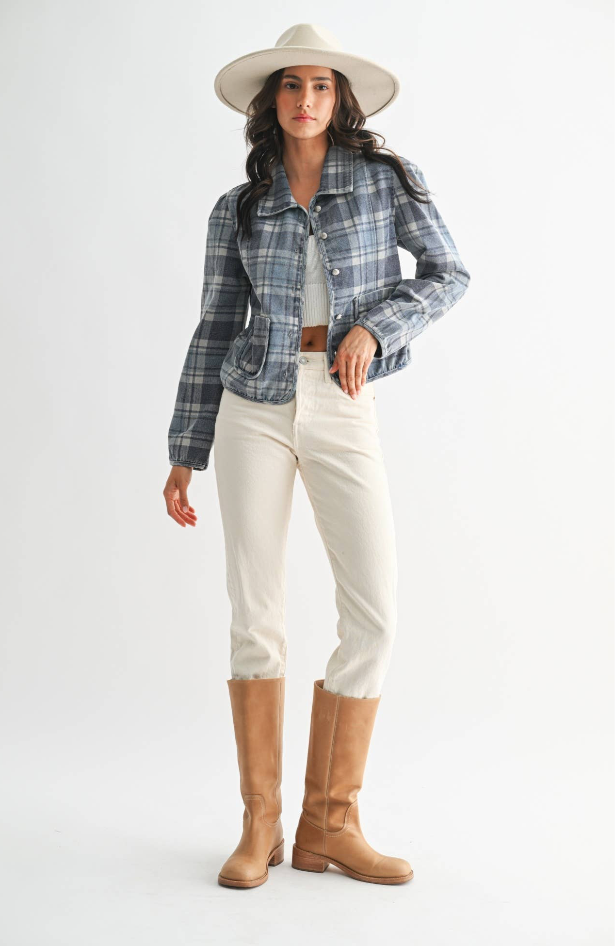 PLAID DENIM JACKET: MEDIUM DENIM WASH PLAID / S-M-L(3-2-1)