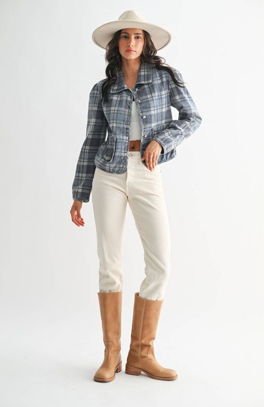 PLAID DENIM JACKET: MEDIUM DENIM WASH PLAID / S-M-L(3-2-1)