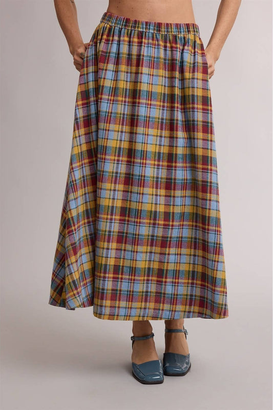 PLAID A-LINE MIDI SKIRT: RED/SKY MULTI