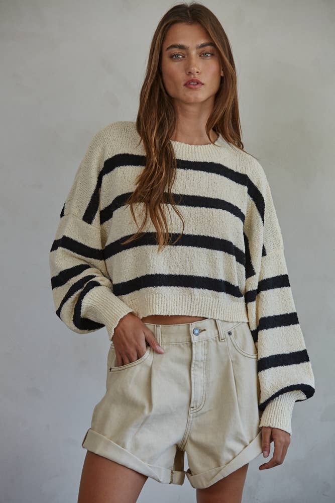 Knit Sweater Striped Crewneck Long Sleeve Top: Natural Black
