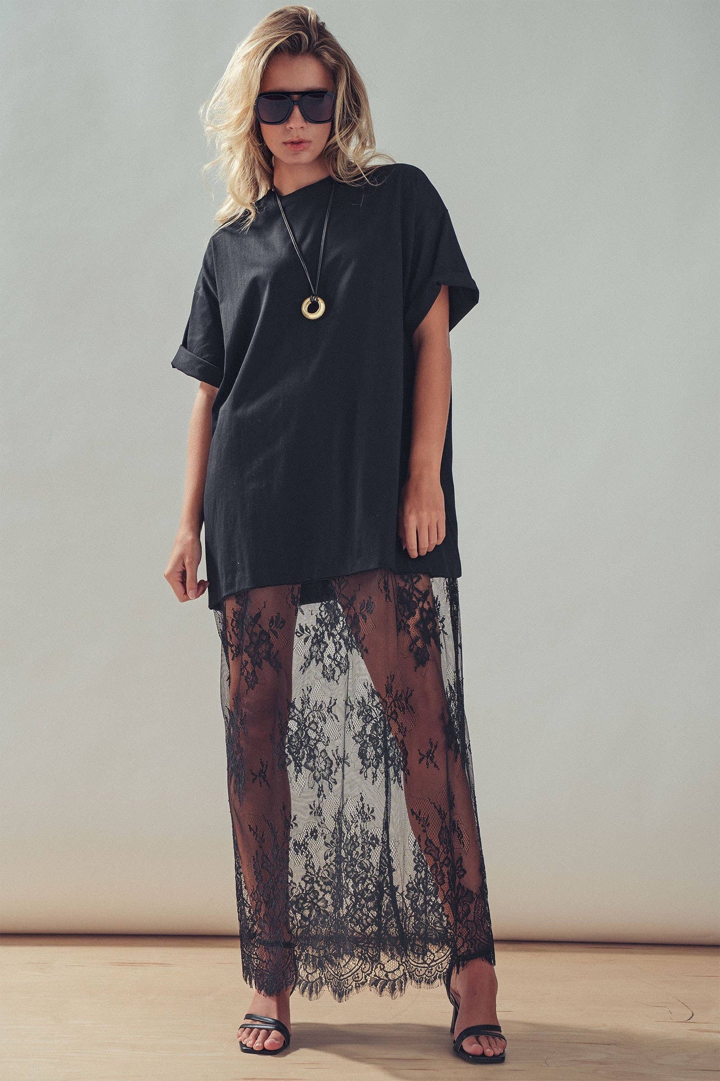 Mixed-Media T-Shirt Dress with Sheer Lace Skirt: Black