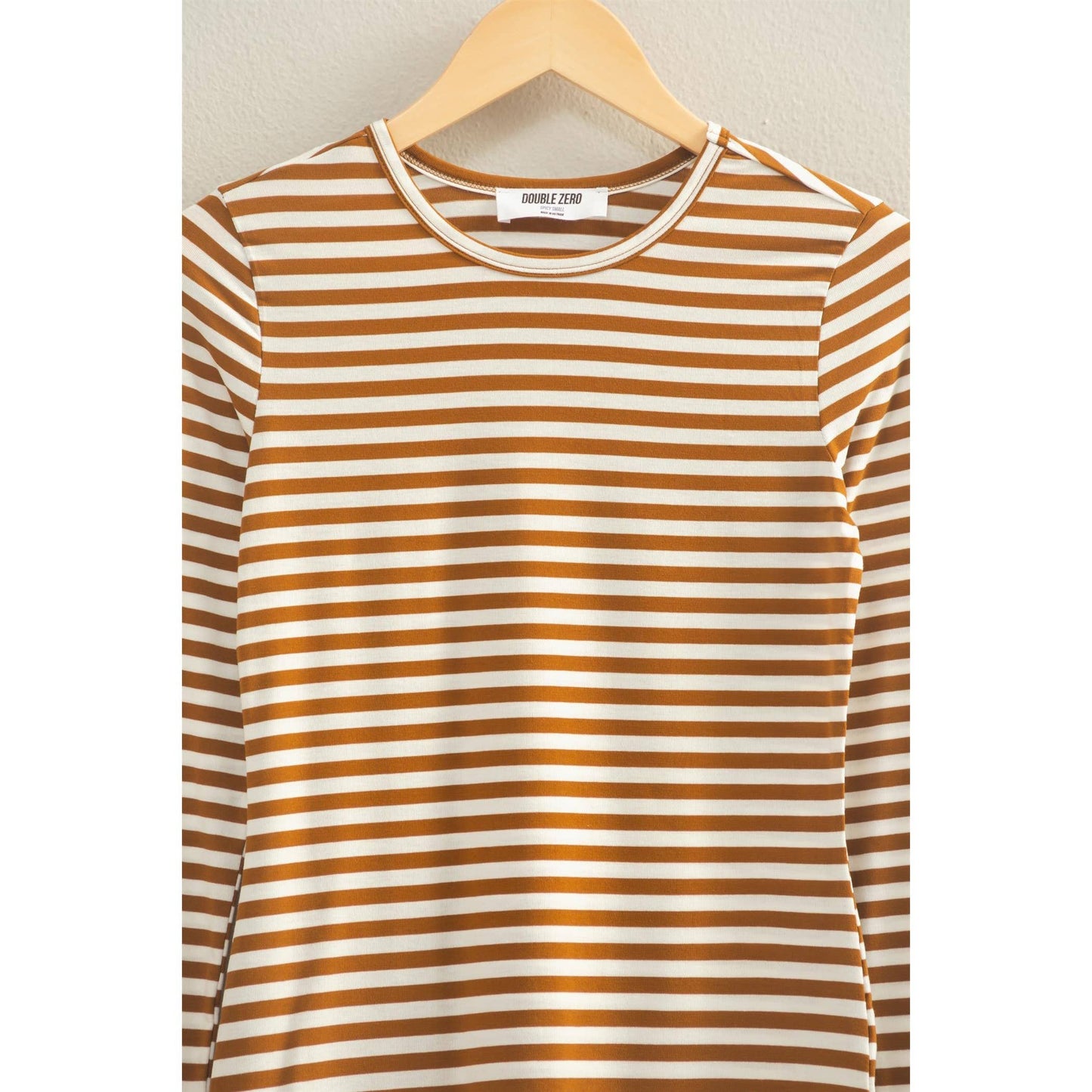 Striped Crew Neck Fitted Long Sleeve Top: BROWN/WHITE