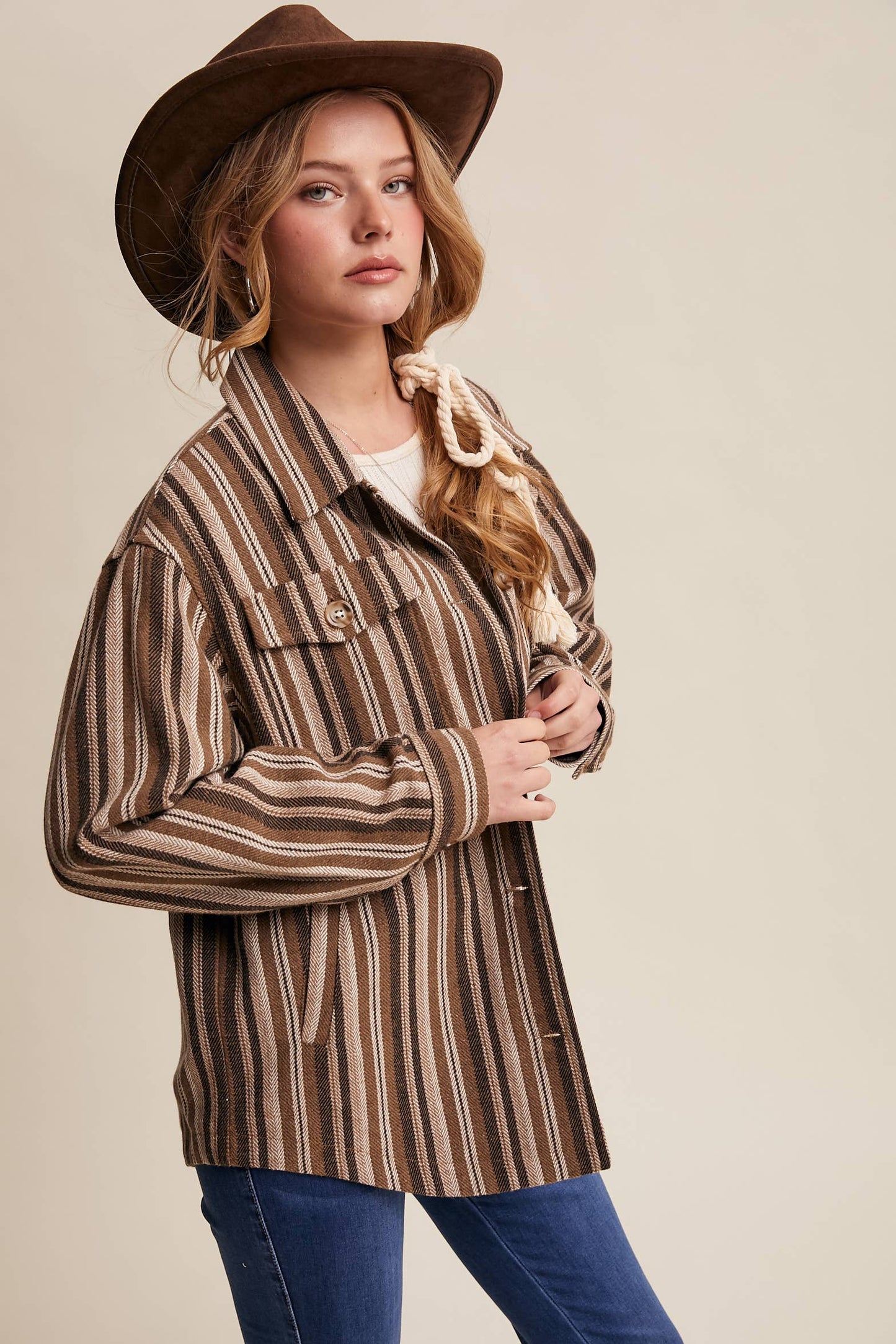 Western Stripe Button-Up Jacket: Mocha