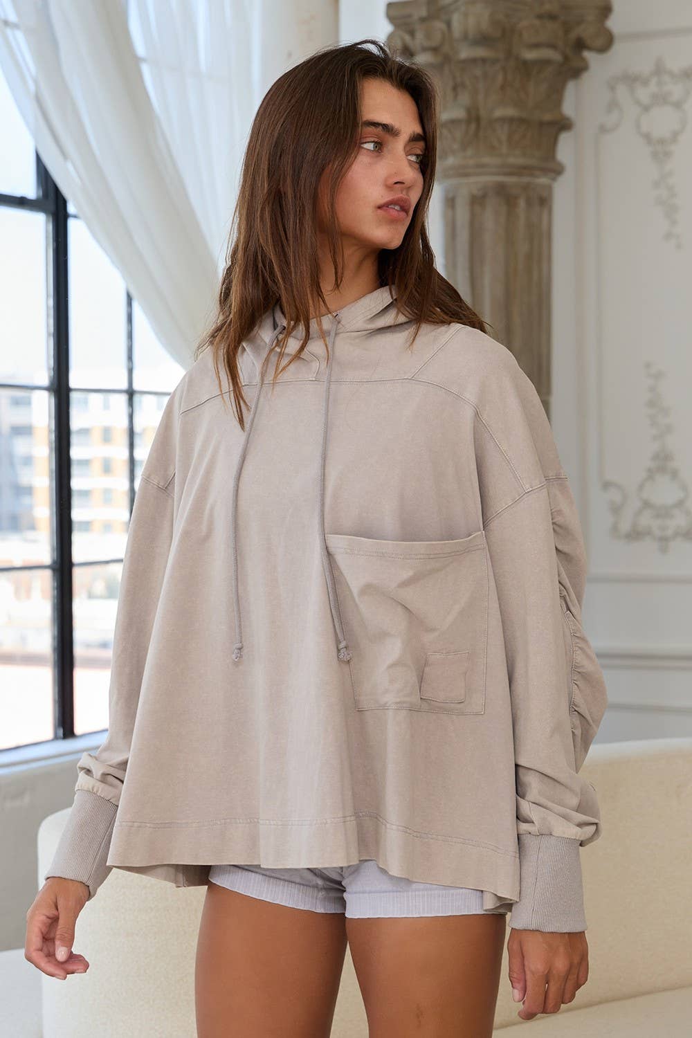Drawstring High Neck Oversized Hoodie: Taupe grey