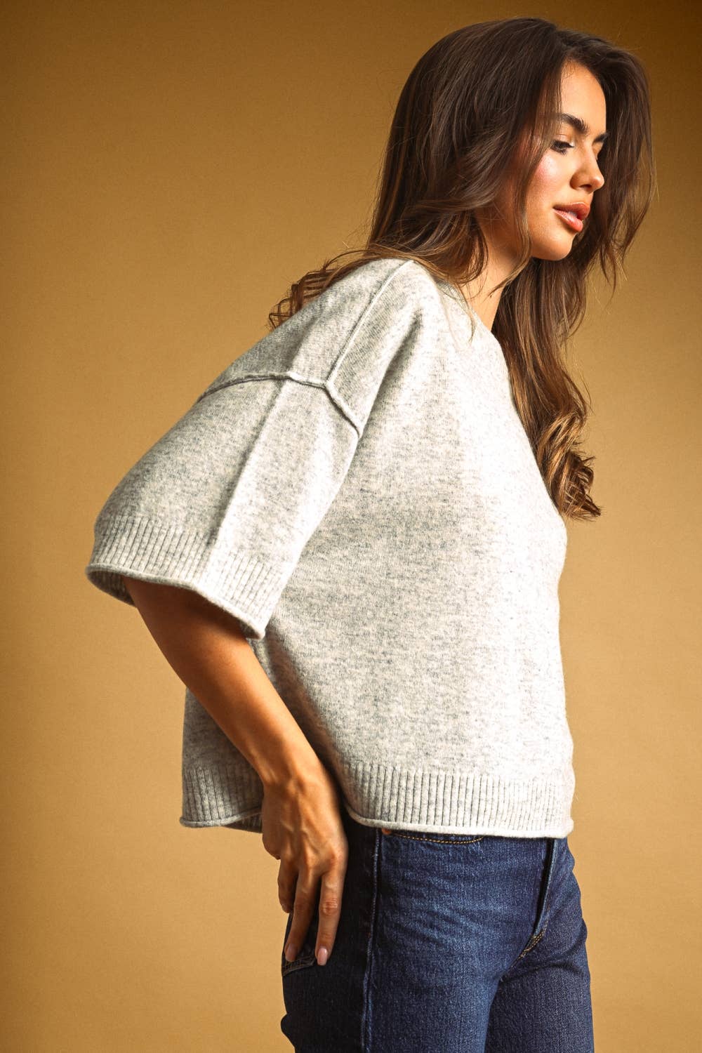 SHORT SLEEVE KNIT CROP TOP: HEATHER GREY
