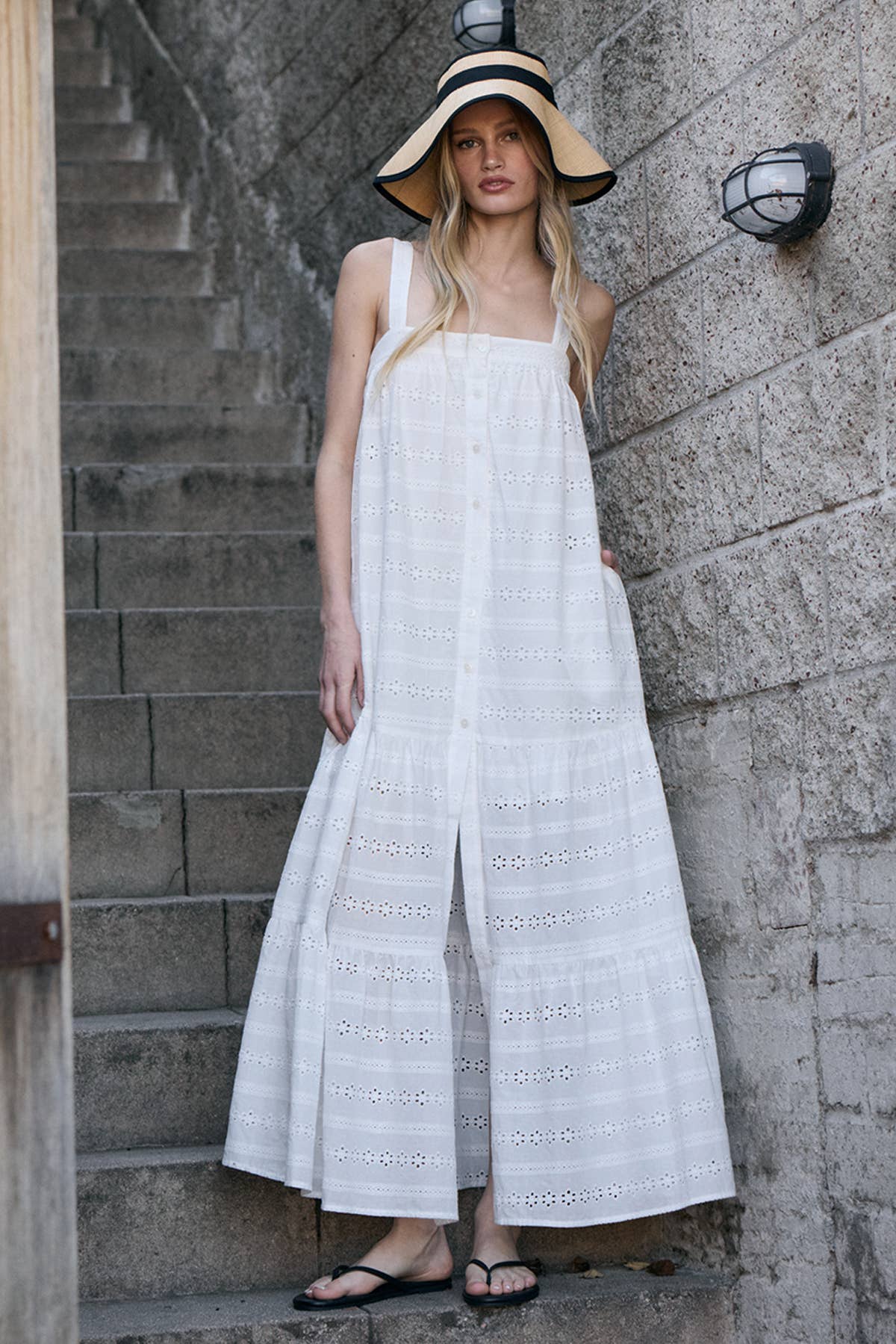 Eyelet Tiered Button Front Maxi Dress: WHITE
