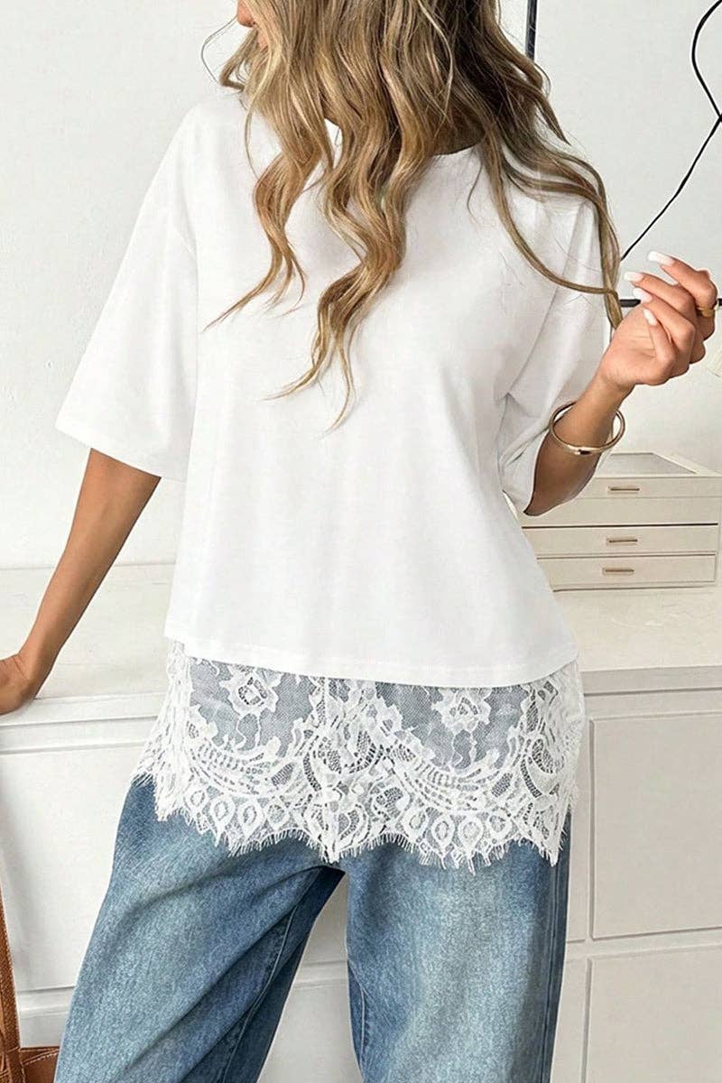 Elegant Lace Trim T-Shirt: WHITE