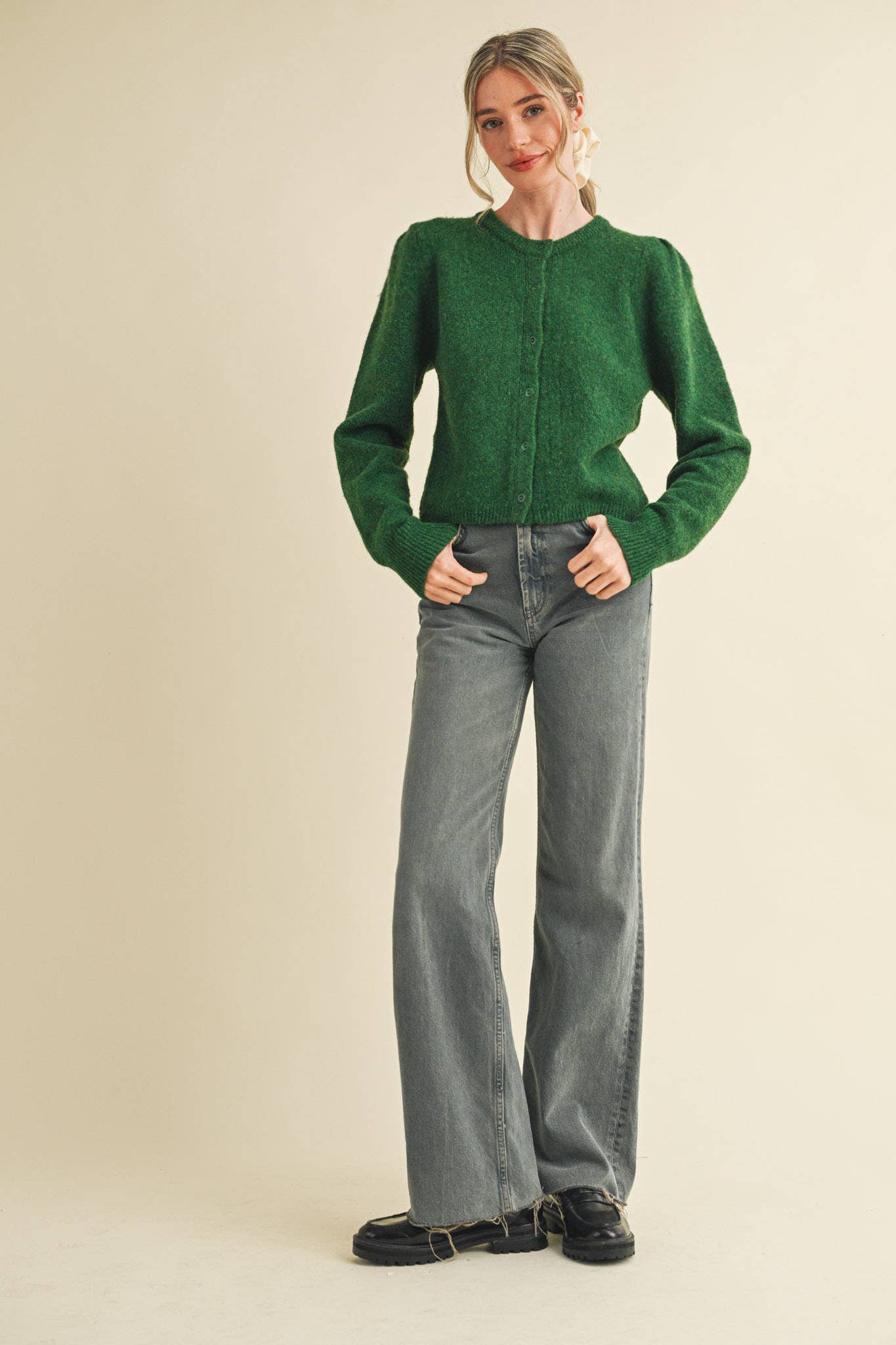 HEAVY PUFF SLEEVE SWEATER CARDIGAN: CHARCOAL