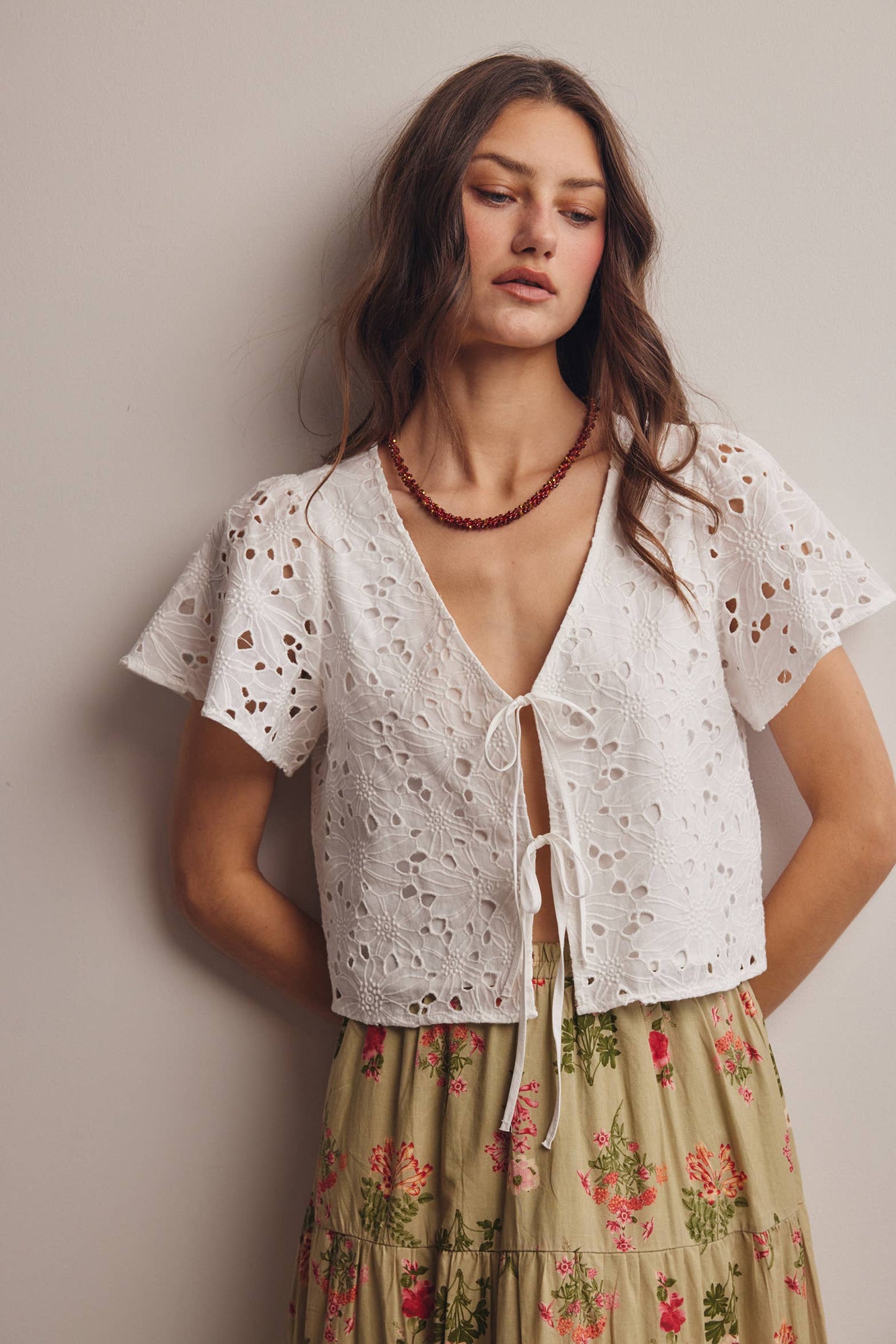 Eyelet Tie-Front Lined Cotton Top: Ivory