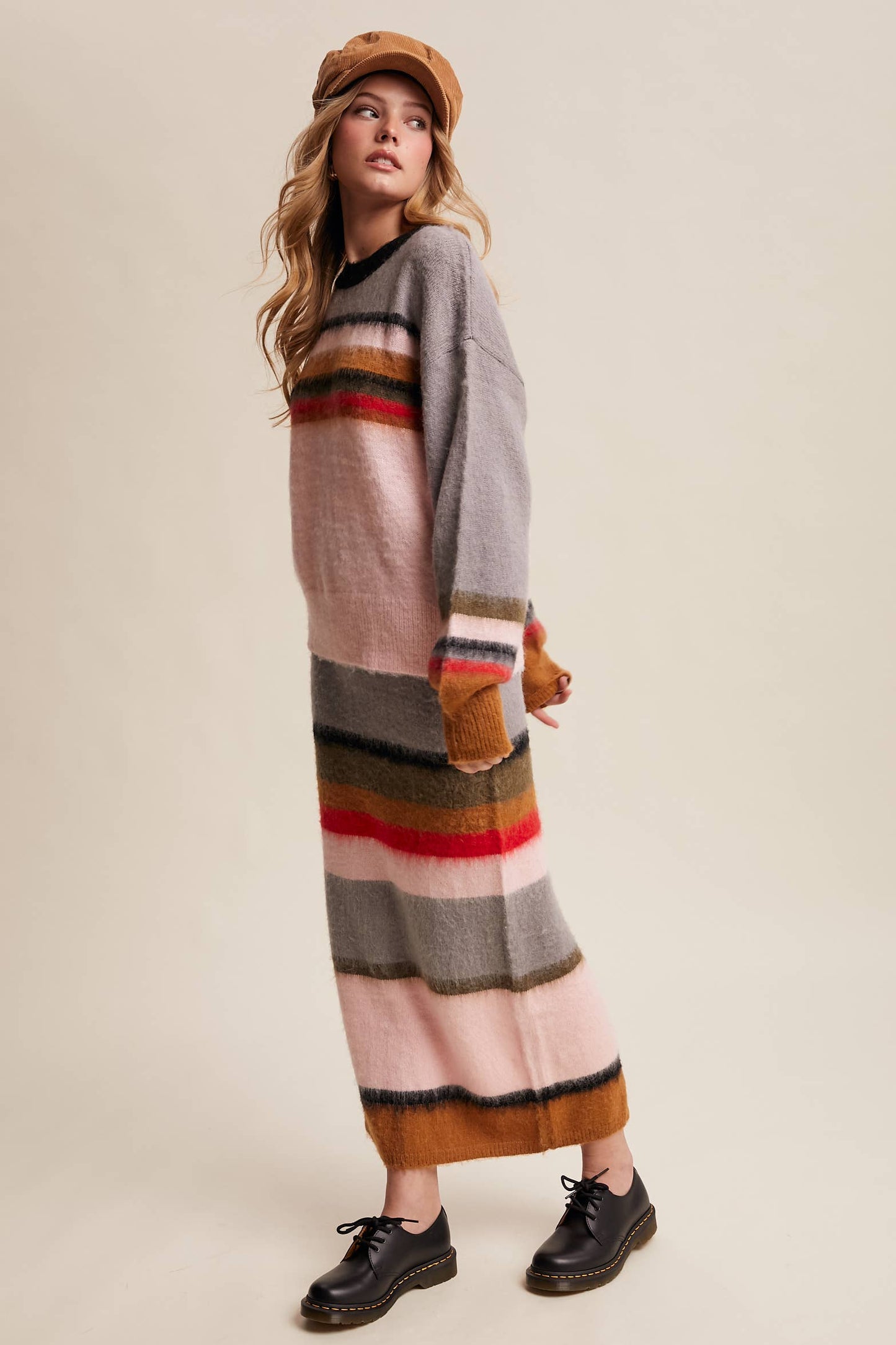 Striped Fuzzy Knit Sweater & Skirt: Light Pink Multi